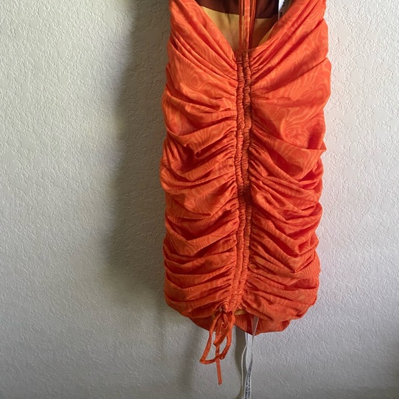 Mistress Rocks Let Me Go Chocolate Orange Print Ruched Halter Mini Dress Size S - Picture 3 of 13